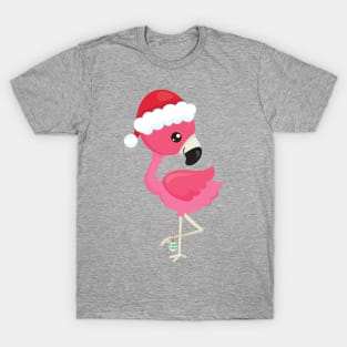 Christmas Flamingo, Pink Flamingo, Santa Hat, Bird T-Shirt